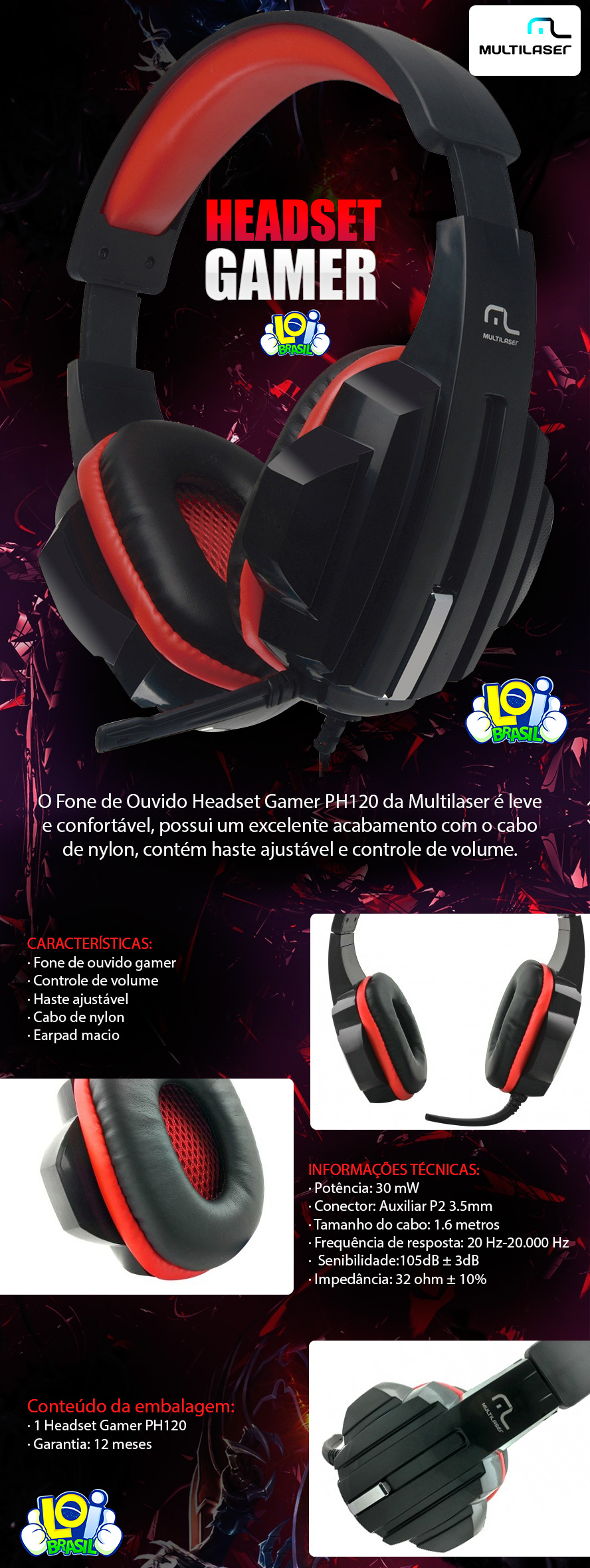 Headset Gamer Multilaser P2 Preto/Vermelho - PH120 - Multilaser
