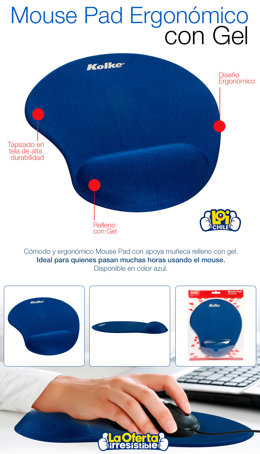 Mouse Pad Ergonómico con Gel Kolke Azul , oferta LOi Chile.