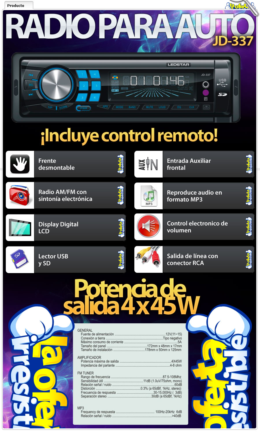 Radio Para Auto Con Lcd Mp3 Usb Sd Aux Frente Desmontable