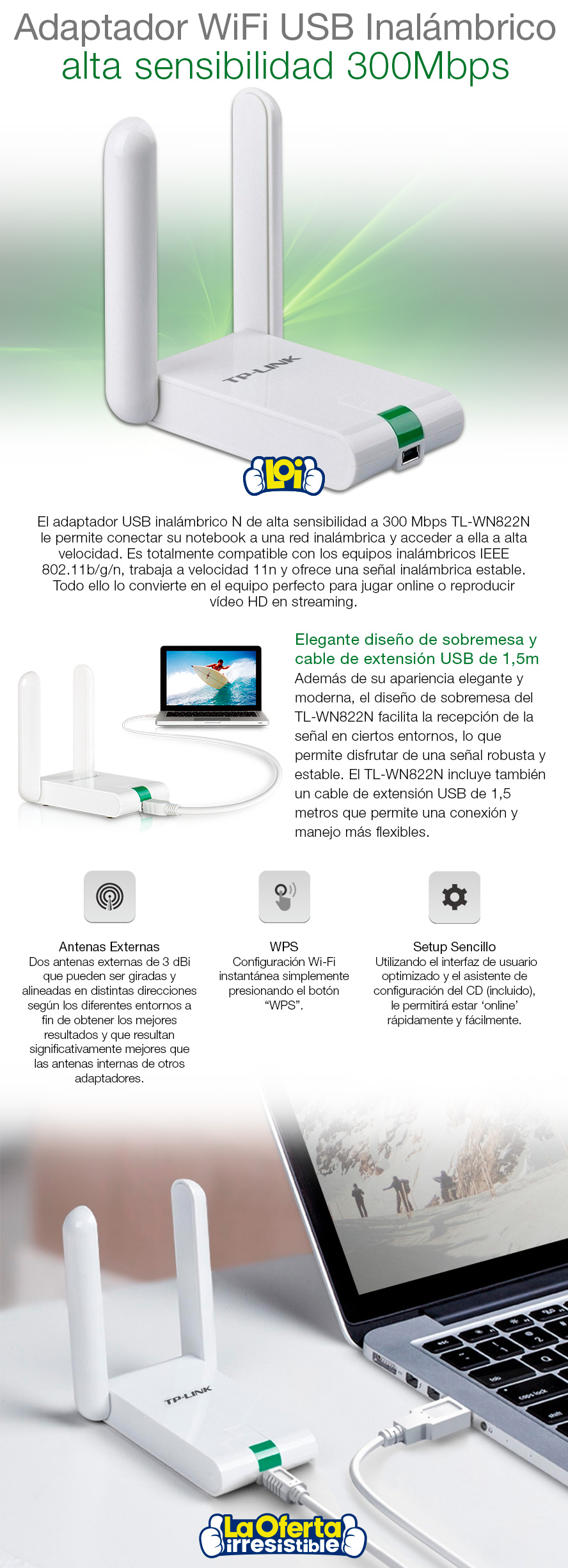 Receptor Wifi USB TP-LINK WN822N Alta Sensibilidad Doble Antena 300Mbps,  oferta LOi.