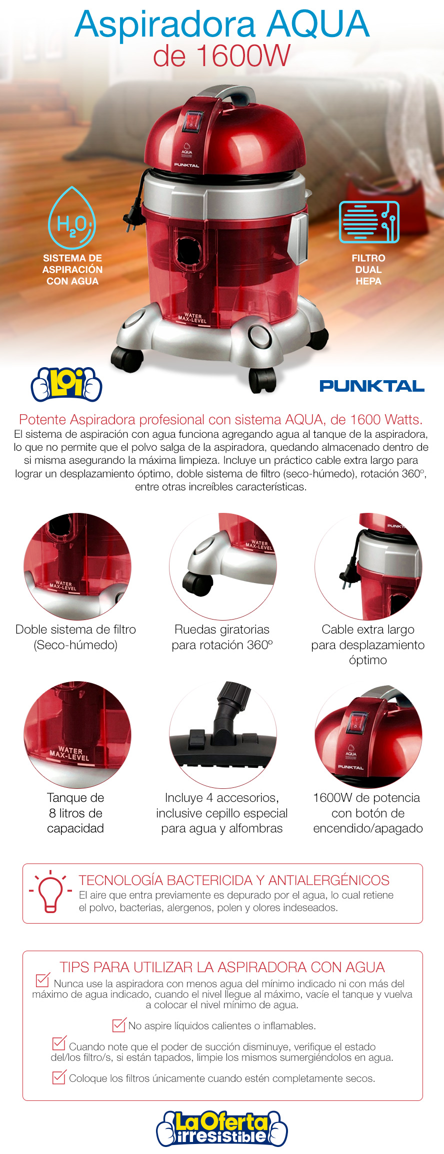 Aspiradora Profesional Punktal de 1600W con filtro HEPA - Roja, oferta LOi.
