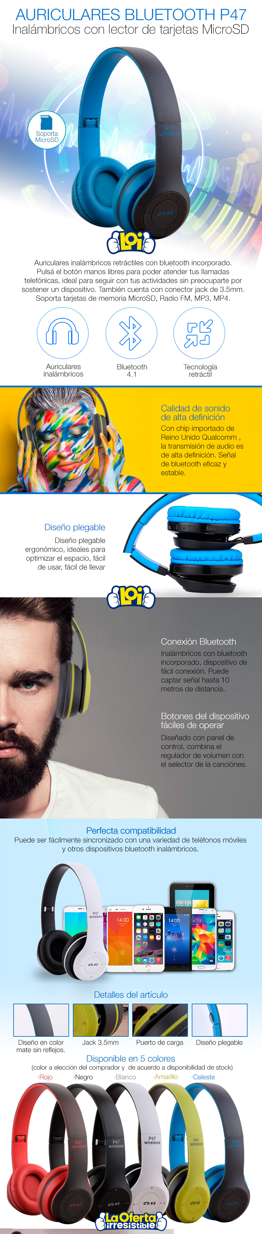 Auriculares Bluetooth P47 Bater a Recargable Ranura MicroSD Radio