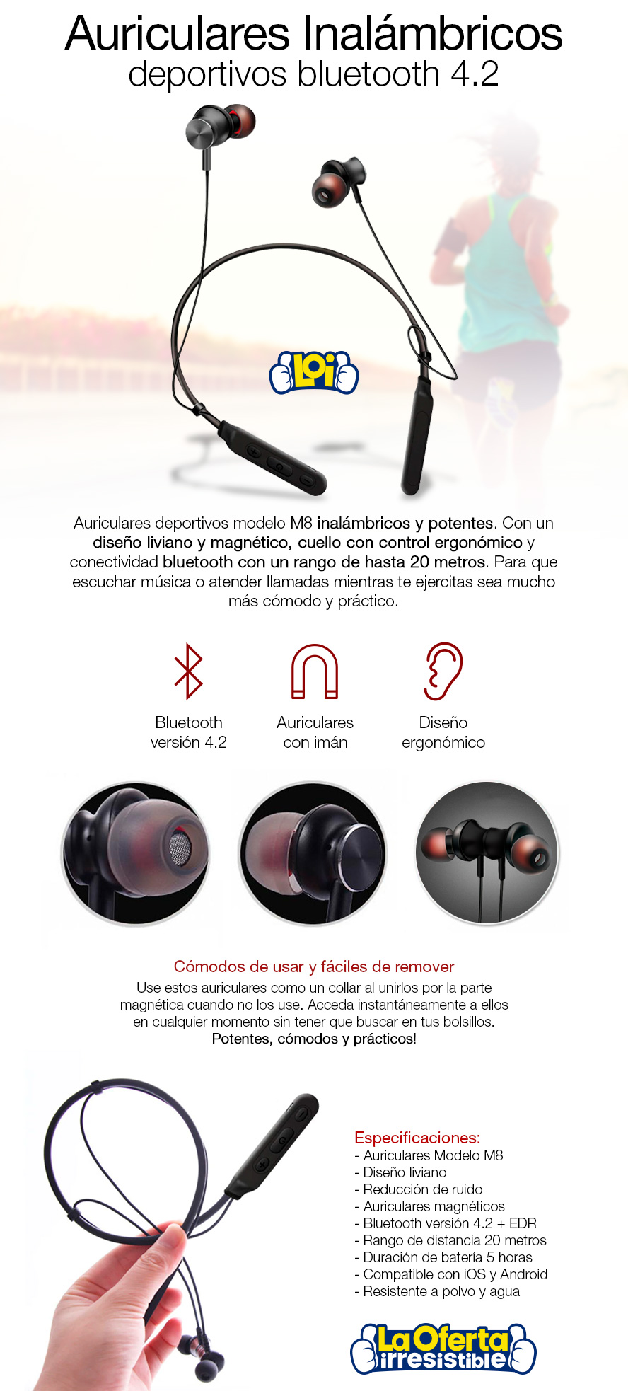 Auriculares Bluetooth M8 Deportivos Magnéticos con Cuello, oferta