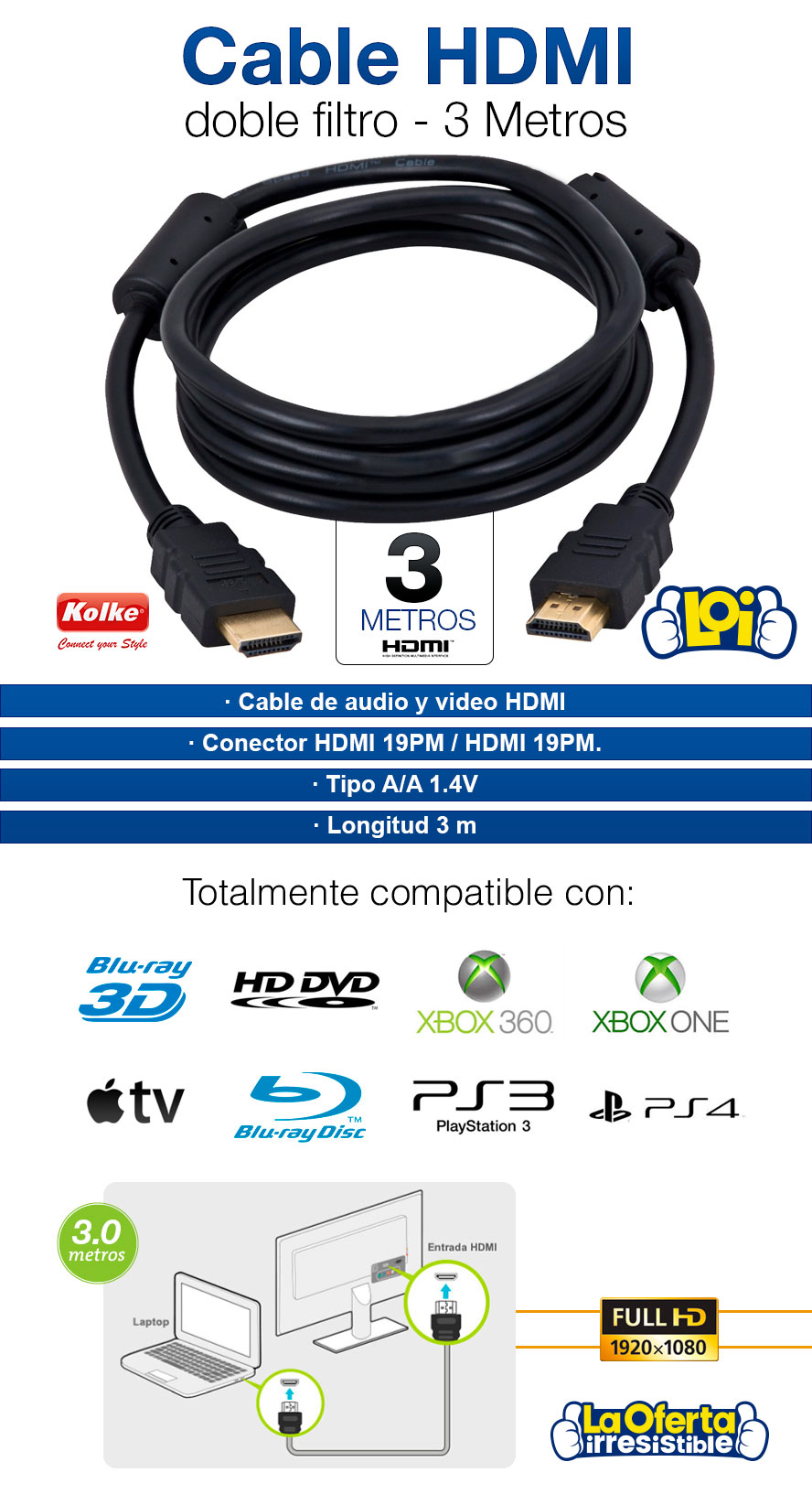 Cable hdmi outlet doble entrada