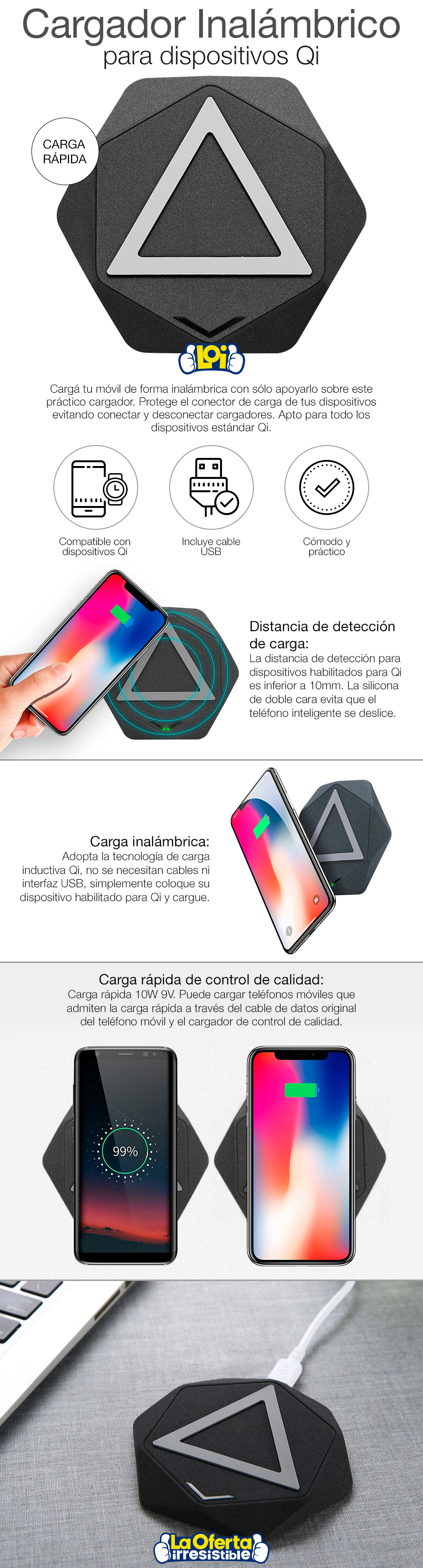 Cargador Inalámbrico PRO para Dispositivos Qi Carga Rápida Cable