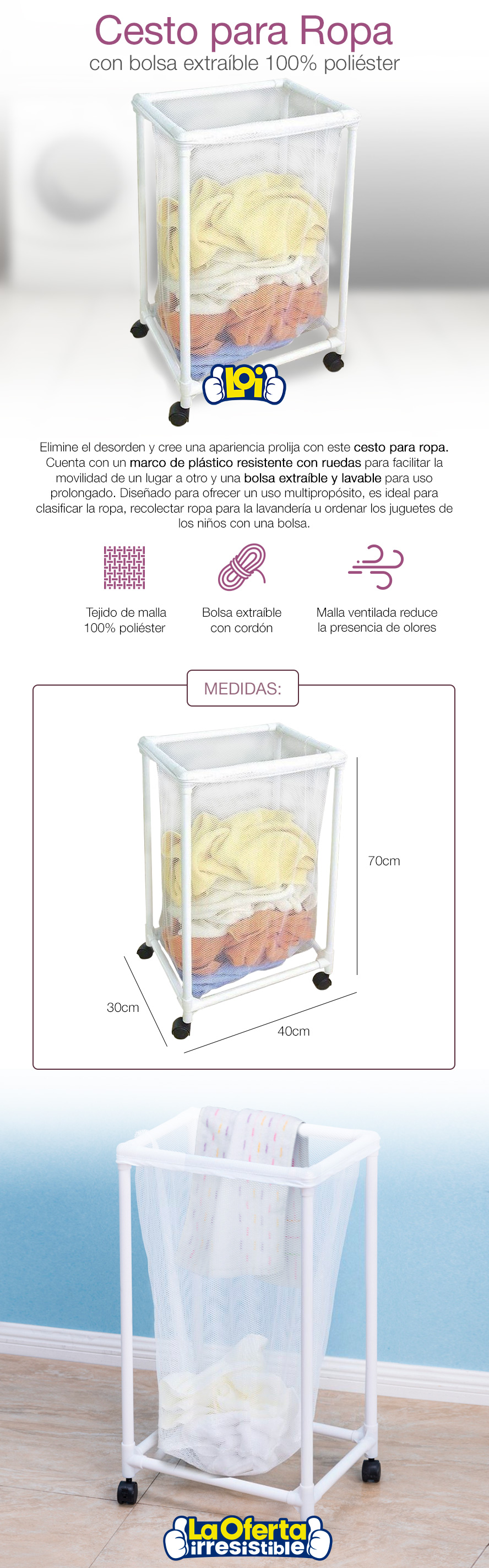 Cesto para Ropa con Bolsa Extraíble y Base con Ruedas, oferta LOi.