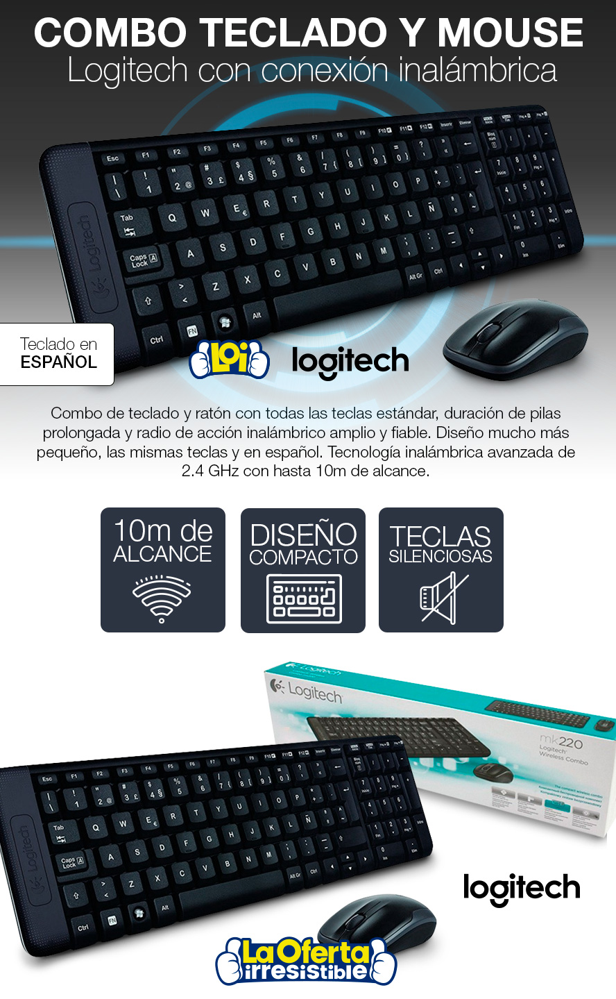 Combo Inalambrico Logitech MK220 Teclado y Mouse oferta LOi