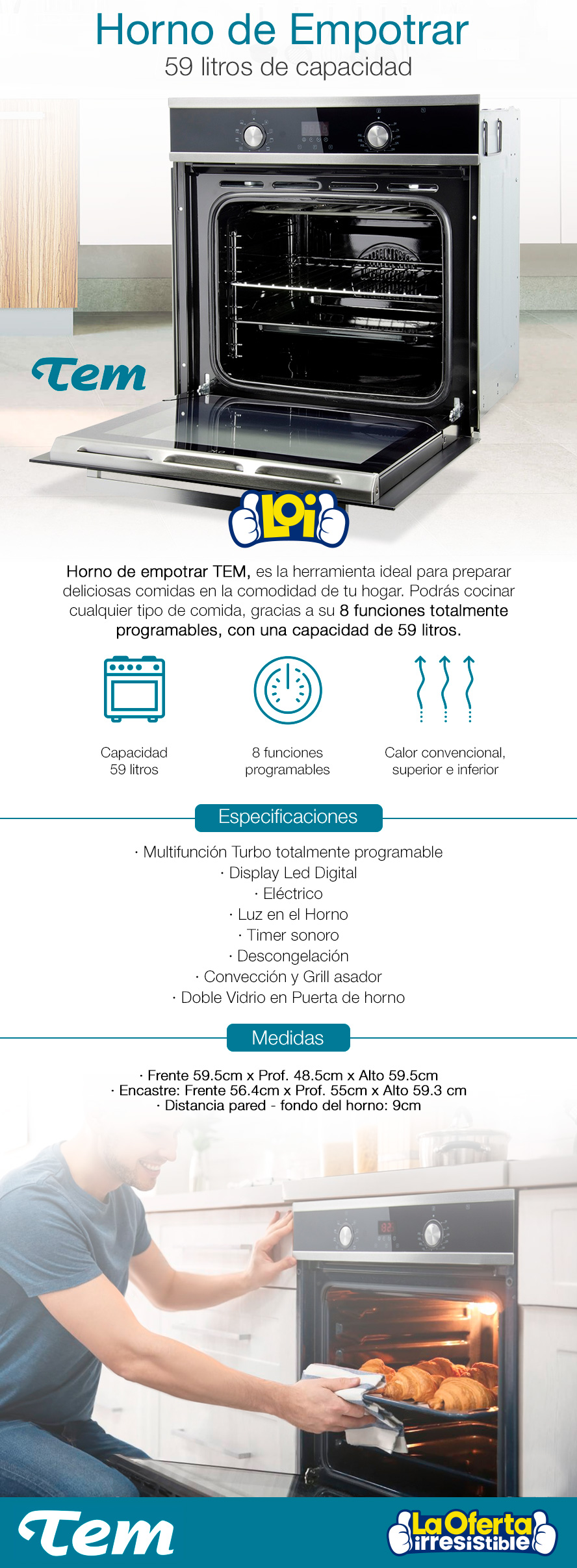 Horno de Empotrar TEM Eléctrico 59L Convección y Grill 8 Funciones Panel  Digital, oferta LOi.
