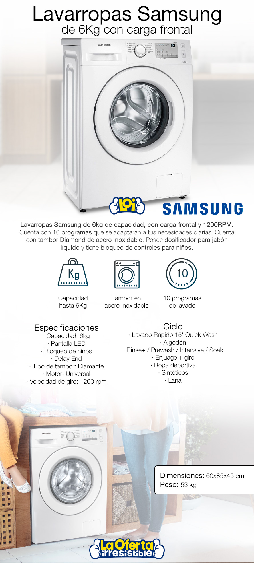 Lavarropas SAMSUNG WW60 6KG Carga Frontal 1200RPM Tambor Diamond Inox, oferta LOi.