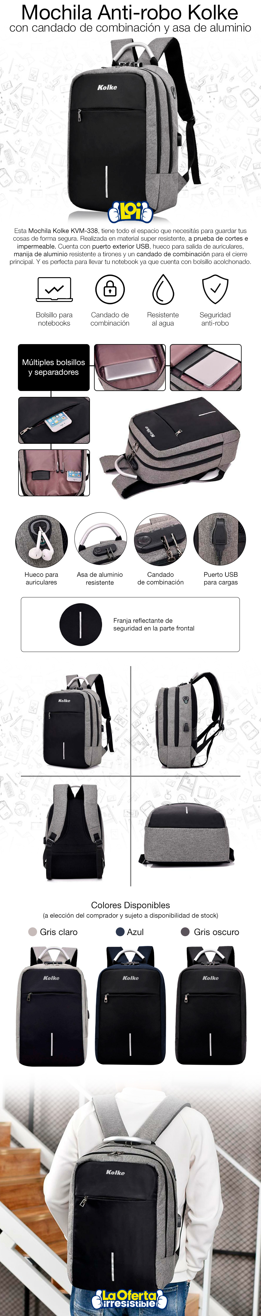 MOCHILA NOTEBOOK GRIS OSCURO ANTIRROBO 15.6 USB/JACK3.5/CANDADO/WATERPRO  KOLKE KVM-339